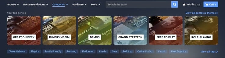 新的 "类别 "选项卡是根据玩家的用户行为定制的。(图片来源：Steam）