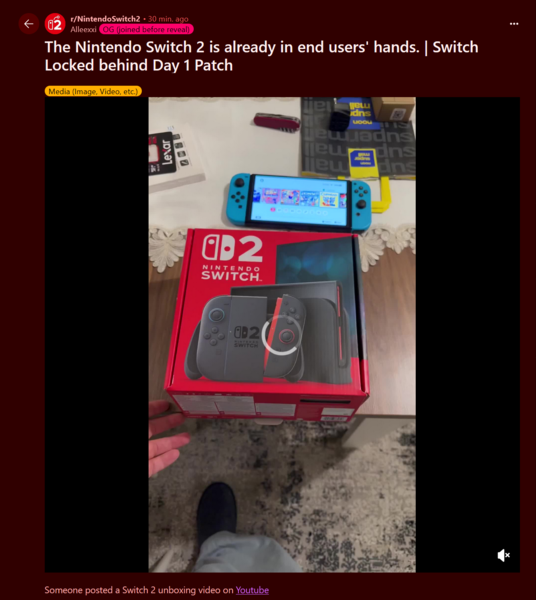任天堂 Switch 2 开箱视频 Reddit 帖子（图片来源：Nintendo Switch 2 subreddit）