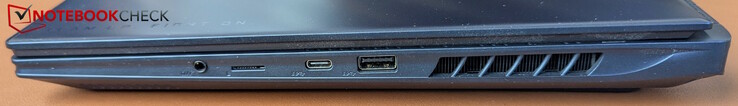 右侧USB-A 3.2 Gen 2、带 Thunderbolt 4 的 USB-C（PD 3.0、DP 1.4、USB 4）、微型 SD 读卡器、耳机插孔