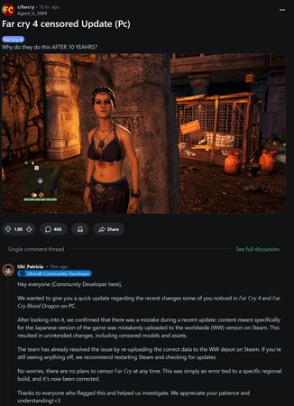 Reddit 上的《孤岛惊魂 4》审查帖子（图片来源：截图，Far Cry 4 subreddit）