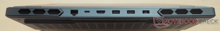 后部。RJ-45网络，USB 3.2 Gen2 Type-C（包括DisplayPort 1.4和140 W Power Delivery），HDMI 2.1，2个USB 3.2 Gen1 Type-A，DC-in。