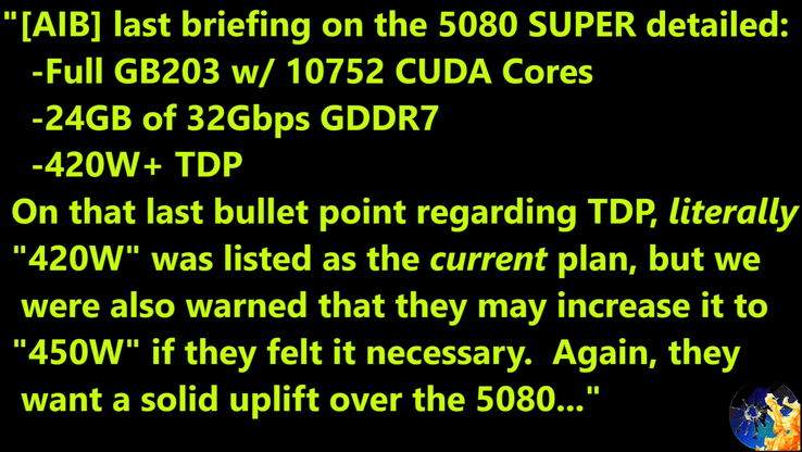 RTX 5080 Super 规格泄露。(图片来源：YouTube 上的摩尔定律已死）