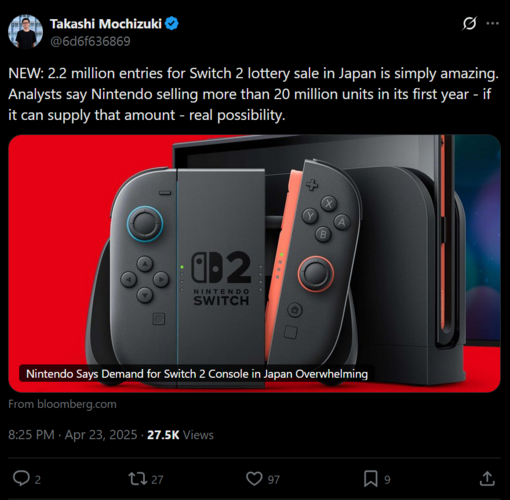 Takashi Mochizuki X 发布 Switch 第一年的销售情况（图片来源：截图，Takashi Mochizuki X 账号）