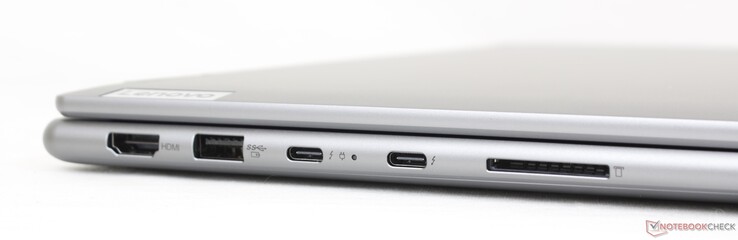 左边：HDMI 2.0，USB-A 3.2 Gen. 1，2个USB-C w/ Thunderbolt 4 + PD + DP，SD读卡器
