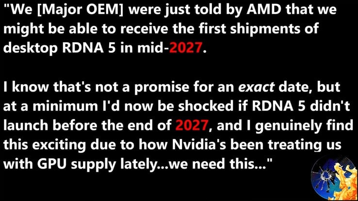 RDNA 5 台式机显卡可能会于 2027 年发布。