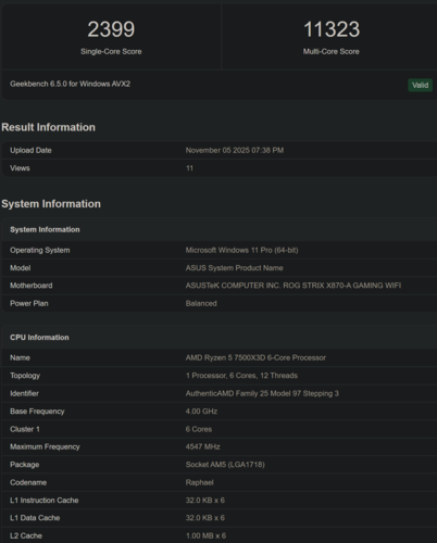 AMD Ryzen 5 7500X3D Geekbench 跑分(图片来源:Geekbench)
