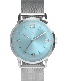 Timex x Todd Snyder Marlin Mesh 腕表,配备水蓝色太阳纹表盘和米兰表链。