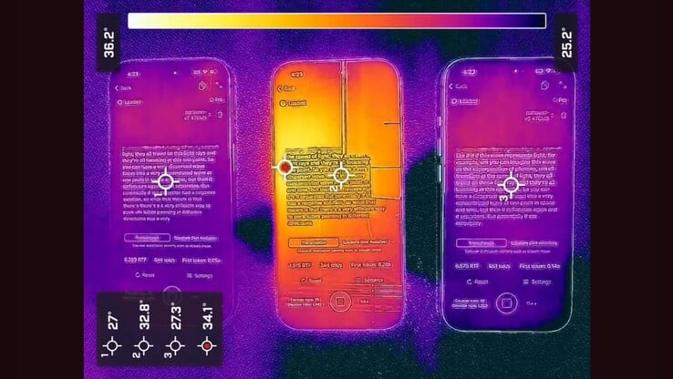 Apple iPhone 17 Pro（左）与 iPhone 16 Pro（中）与 iPhone 17（右）的散热性能对比。(图片来源：Argmax）