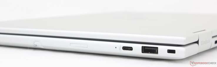 右侧USB-C 3.2 Gen. 1 (10 Gbps) w/ DisplayPort 1.4 + Power Delivery、USB-A (5 Gbps)、安全锁、Nano-SIM 卡插槽（可选）。