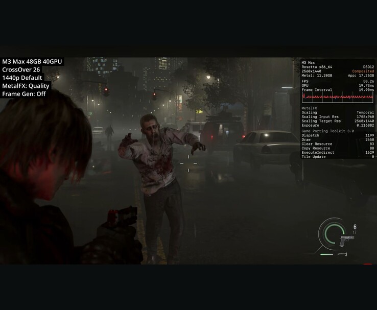 通过 CrossOver 26 在 M3 Max Mac 上以 1440p 运行《生化危机 Requiem》，MetalFX 质量显示约 50 FPS。