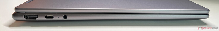 左：HDMI 1.4b、带 Thunderbolt 4（40 Gbit/s）的 USB-C 4.0、DisplayPort 2.1、Power Delivery 3.0、3.5-mm 音频