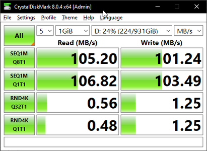 CrystalDiskMark 8在更常用于外部存储的东西上，一个通过USB 3.0连接的东芝外部硬盘。请注意随机读取和写入方面的重大改进。