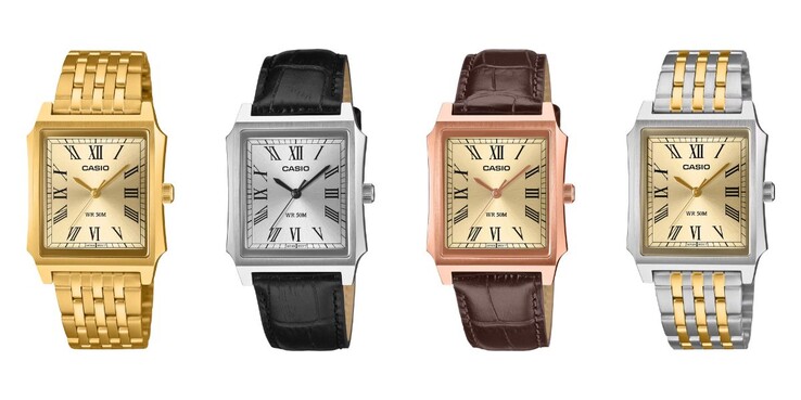 从左至右：卡西欧 MTP-B190G-9BV、MTP-B190L-7BV、MTP-B190RGL-9BV 和 MTP-B190SG-9BV 手表