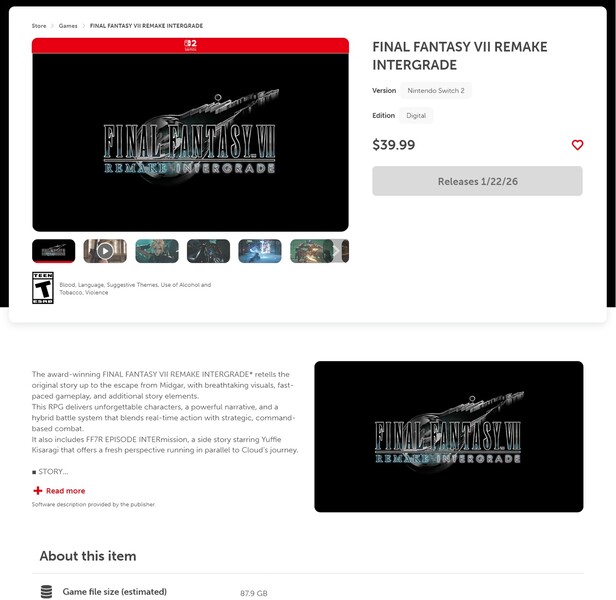 最终幻想 7 重制版 Intergrade 任天堂 eShop 列表与文件大小（图片来源：截图，任天堂 eShop）