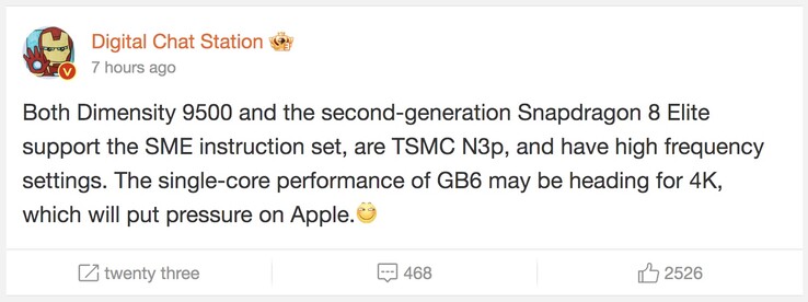 下一代 Snapdragon 8 Elite Gen 2 和 Dimensity 9500 SoC 在性能方面的提升值得称道。(图片来源：DCS 通过微博发布）