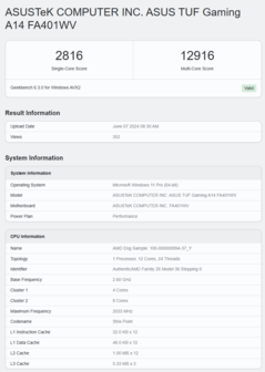 华硕 TUF Gaming A14 的 AMD Ryzen AI 9 HX 370 Geekbench 6 跑分。(来源：Geekbench）