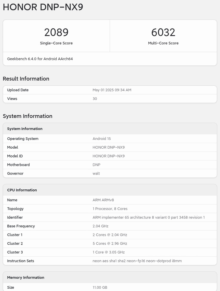 Geekbench 上的 "Honor 400 Pro"。  (来源：Geekbench via Digital Chat Station）
