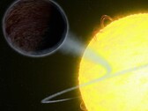 艺术家绘制的一颗恒星吞噬一颗褐矮星的示意图。