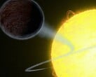 艺术家绘制的一颗恒星吞噬一颗褐矮星的示意图。