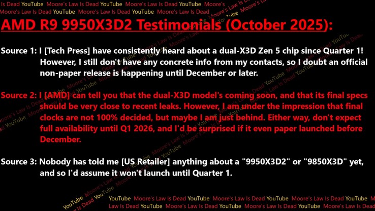 AMD Ryzen 9 9950X3D2 发布日期泄露。(图片来源：摩尔定律已死）