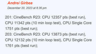 BIOS 更新前（201）和更新后（203）的 Cinebench R23 基准测试结果（图片来源：UltrabookReview）