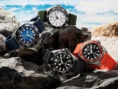 四款Citizen Promaster Marine潜水表,分别采用白色、黑色、蓝色和橙色配色,陈列在海边的岩石上。