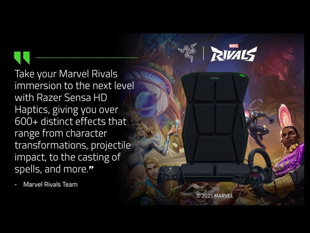 Razer Sensa HD 触觉技术可在玩 Marvel Rivals 时提供数百种身临其境的效果。(图片来源：Razer via X）