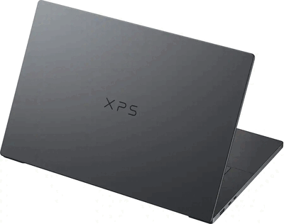 从后方展示的 Dell XPS 16,呈现其深色外观和 XPS 标志