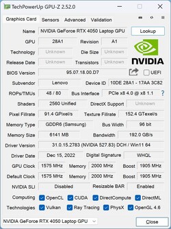 GPU-Z： GeForce RTX 4050笔记本电脑