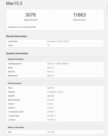 Apple 在 Geekbench 6.2 测试中的 M3。(来源：Geekbench）