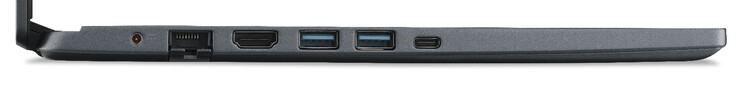 左侧。电源，千兆以太网，HDMI，2个USB 3.2 Gen 1（Type-A），Thunderbolt 4（Type-C；Power Delivery，DisplayPort）。