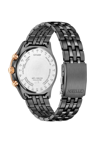 西铁城Eco-Drive BY1036-53L表背展示了黑色不锈钢表带以及表背上的UTC城市代码。