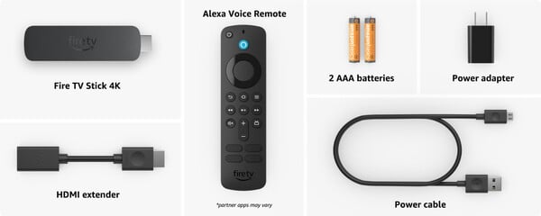 所有三款流媒体棒都配有 HDMI 扩展器、电源适配器和遥控器电池。(图片来源：亚马逊）