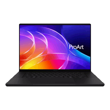 从正面展示的 Asus ProArt P16，屏幕和键盘清晰可见