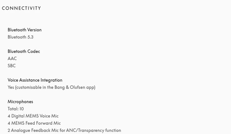 Bang &amp; Olufsen 的美国产品页面现在只列出了对 AAC 和 SBC 的支持。(图片来源：Bang &amp; Olufsen）