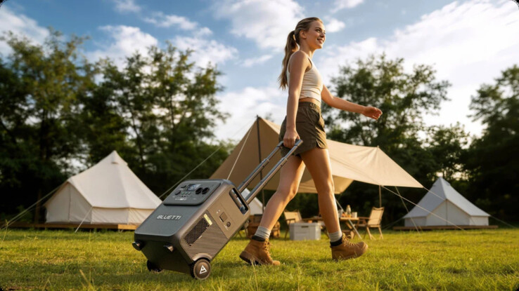 伸缩式手柄和轮子方便 Bluetti Elite 400 的运输。