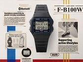 卡西欧新款F-B100W手表在经典的F-91W设计基础上，新增了蓝牙功能和步数追踪功能