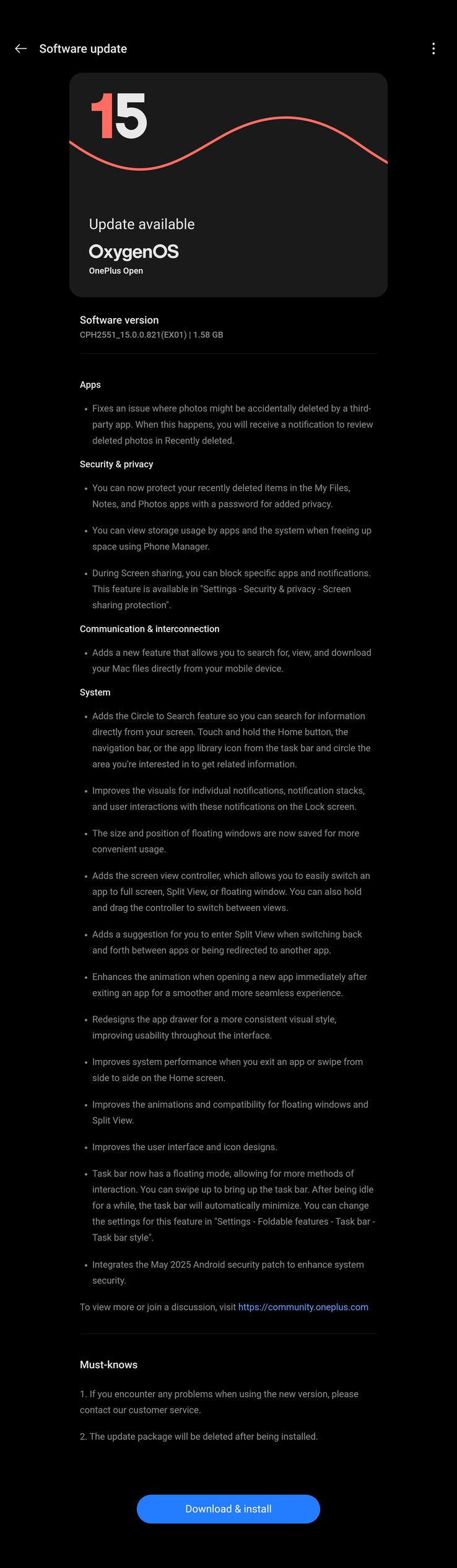 完整的 OxygenOS 15.0.0.821 更新日志。(来源：OnePlus）