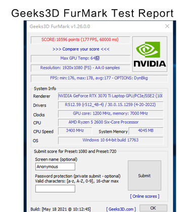 51Risc RTX 3070 TiM GPU - FurMark测试报告。(图片来源：Aliexpress)