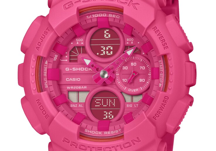 粉红丝带型号 GMDS5610PK-4 G-Shock 手表的粉红色与 BCRF 的徽标相呼应。(图片来源：卡西欧）