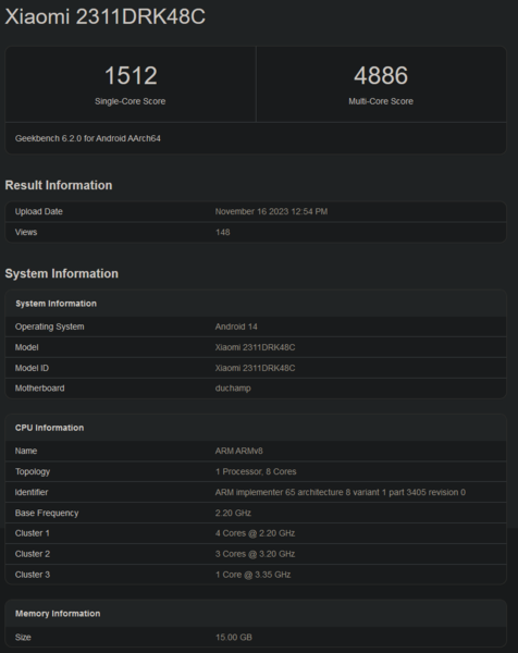 Dimensity 8300 Geekbench 得分（图片来自 Geekbench）