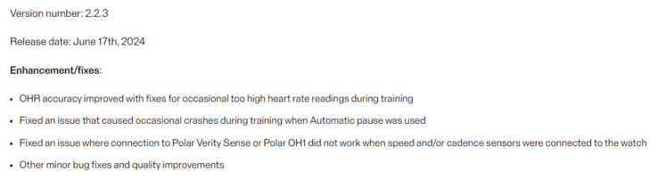 固件 2.2.3 版的发布说明。(图片来源:Polar)
