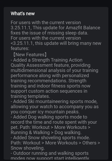 Amazfit Balance 智能手表 3.25.12.3 版软件的更改日志。(图片来源：u/SabretoothPenguin via Reddit）