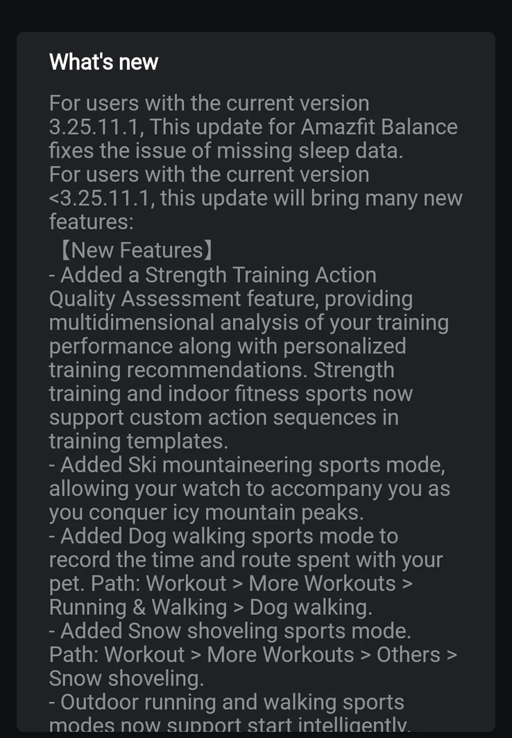 Amazfit Balance 智能手表 3.25.12.3 版软件的更改日志。(图片来源:u/SabretoothPenguin via Reddit)