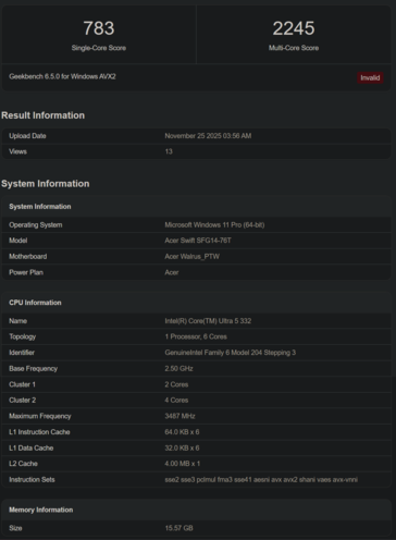 英特尔酷睿 5332 Geekbench 列表(图片来源:Geekbench)
