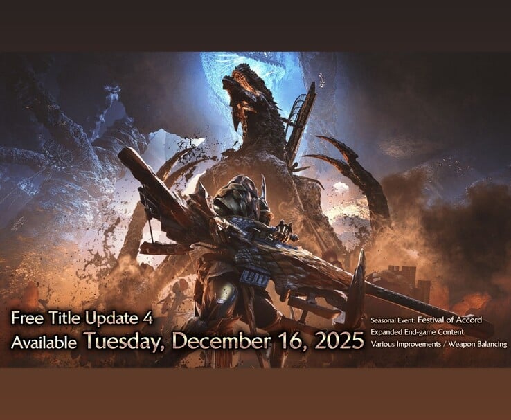 怪物猎人荒野大镖客》的宣传图，重点介绍将于 2025 年 12 月 16 日发布的免费标题更新 4，其中包括协议节活动和其他更新（图片来源：Capcom）