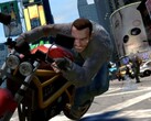 GTA IV》中的一张图片，显示 Niko Bellic 骑在一辆红色摩托车上。(图片来源：Steam） 