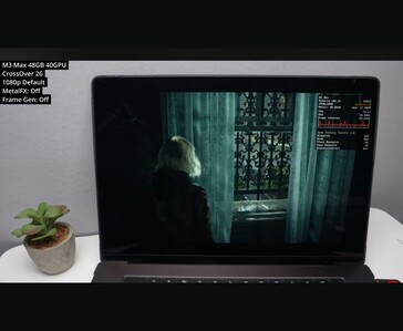 通过 CrossOver 26 在 M3 Max MacBook Pro 上以 1080p 默认设置运行《生化危机 Requiem》，在室内场景中显示约 73 FPS。