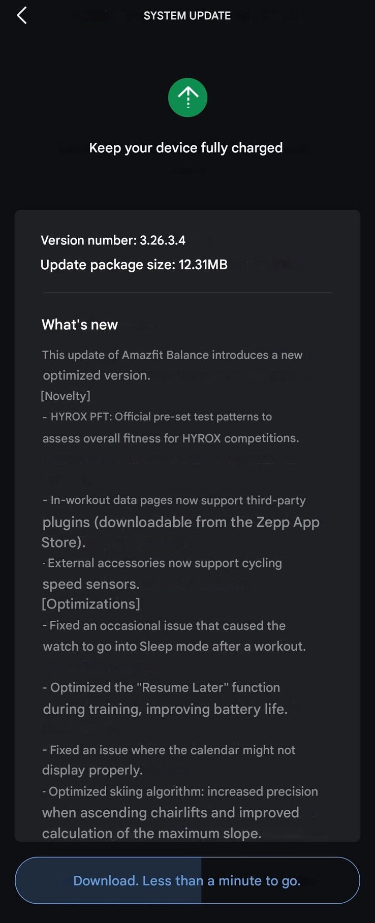 Amazfit Balance 智能手表 3.26.3.4 版的发布说明。(图片来源：u/SensitiveClock3479 via Reddit，机器翻译）