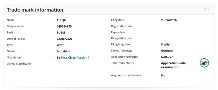 Garmin CIRQA 专利号 019384825,由欧洲知识产权局(EUIPO)授予